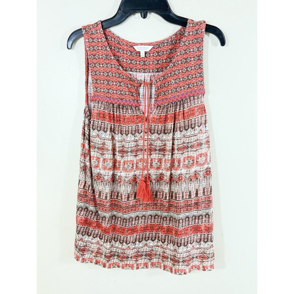 Lucky Brand Sleeveless Top Women Size S Coral Boho Peasant Tassel Festival